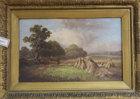 English School (19th century), landscape with corn stooks and figures, initialled JCD l.l, oil on board, 26.5 x 33cm